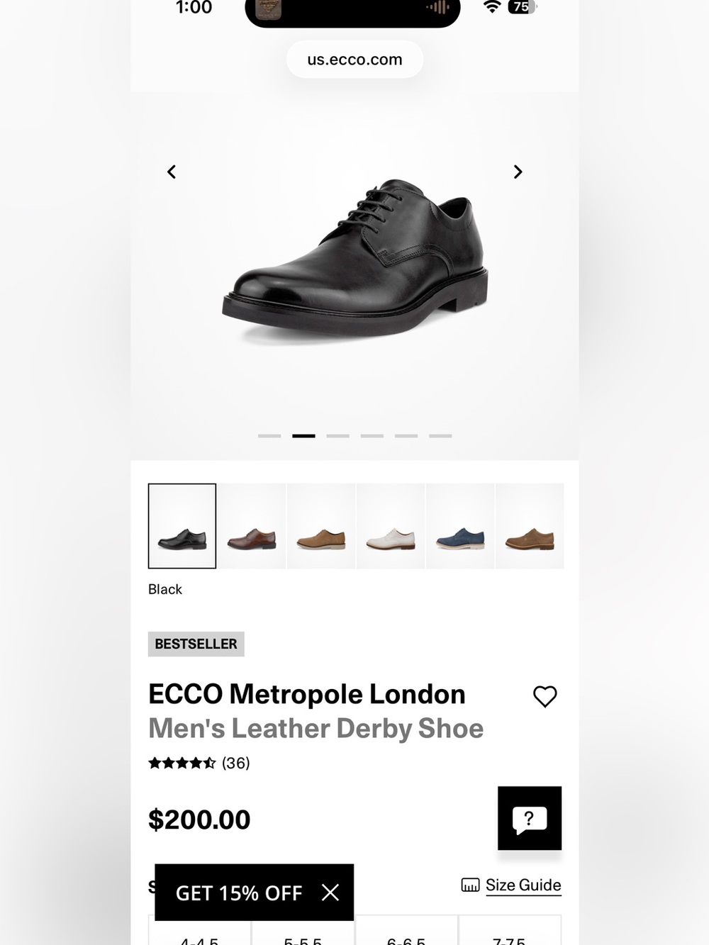 NIB Ecco London Metropole Black Leather Derby Shoe size 43 (US 9.0-9.5)